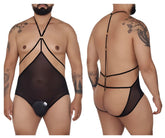 Black sheer mesh tulle bodysuit with black elastic straps and gold-toned hardware accents candyMan 99662X