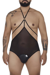 Black sheer mesh one-piece swimsuit with black strappy crisscross straps and gold circular clasp candyMan 99662X