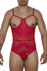 Red CandyMan 99670 harness bodysuit in sheer mesh with thin straps and central circular ring detail
