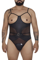 Black sheer CandyMan 99670X harness bodysuit with thin straps and gold toned circular buckle at the waist