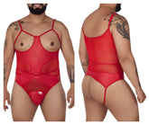 Red sheer mesh candy man 99670x harness bodysuit with thin straps and circular metal buckle at the waist