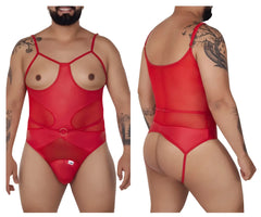 Red sheer mesh candy man 99670x harness bodysuit with thin straps and circular metal buckle at the waist