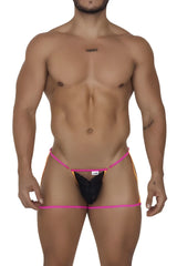 Black lace thong with vibrant pink and gold trim by candyman 99678 garter thongs neon black color shown from back