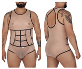 Beige sheer mesh CandyMan 99683X tulle bodysuit with black outlined paneling and racerback design showing back side