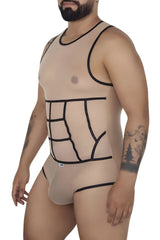 Beigecandyman 99683x tulle bodysuit with black outlined grid pattern sheer mesh fabric for stylish layering