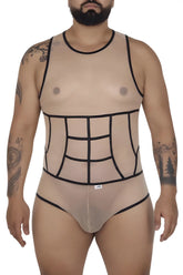 CandyMan 99683X tulle bodysuit in beige transparent mesh with black outlined paneling and trim