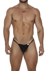 Black CandyMan 99685 lace thong with adjustable mesh side straps and small white brand tag visible on front side