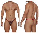 CandyMan 99685 lace thong in red with patterned sequined center and thin straps shown from the back side