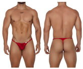 Red lace thong by candyman 99685 featuring a small white brand tag on the side made of delicate lace material