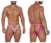 CandyMan 99687 garter jock two piece set in beige and neon featuring bright pink and nude lingerie briefs with sheer mesh panels and adjustable straps