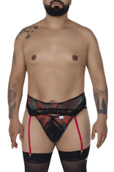 Black lace garter belt with red suspenders floral pattern part of candyman 99688x garter thongs two piece set in black
