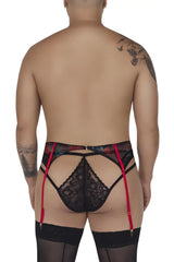 Black lace CandyMan 99688X garter thongs with red suspenders and floral patterned trim in a two piece set