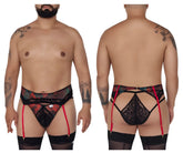 Black lace mens briefs with red suspenders and floral pattern from candyman 99688x garter thongs two piece set