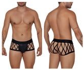 Black lace-trimmed CandyMan 99691 cage trunks in black with diamond-patterned mesh design for men