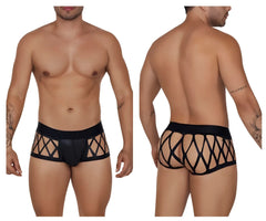 Black lace-trimmed CandyMan 99691 cage trunks in black with diamond-patterned mesh design for men