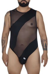 Black sheer mesh bodysuit with opaque panels and round neckline CandyMan 99699X mesh bodysuit color black