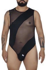 Black sheer mesh bodysuit with opaque panels and round neckline CandyMan 99699X mesh bodysuit color black
