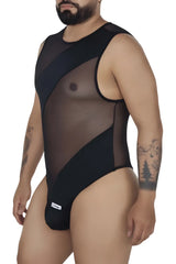 CandyMan 99699X black sheer mesh bodysuit with opaque panels and round neckline for stylish wear