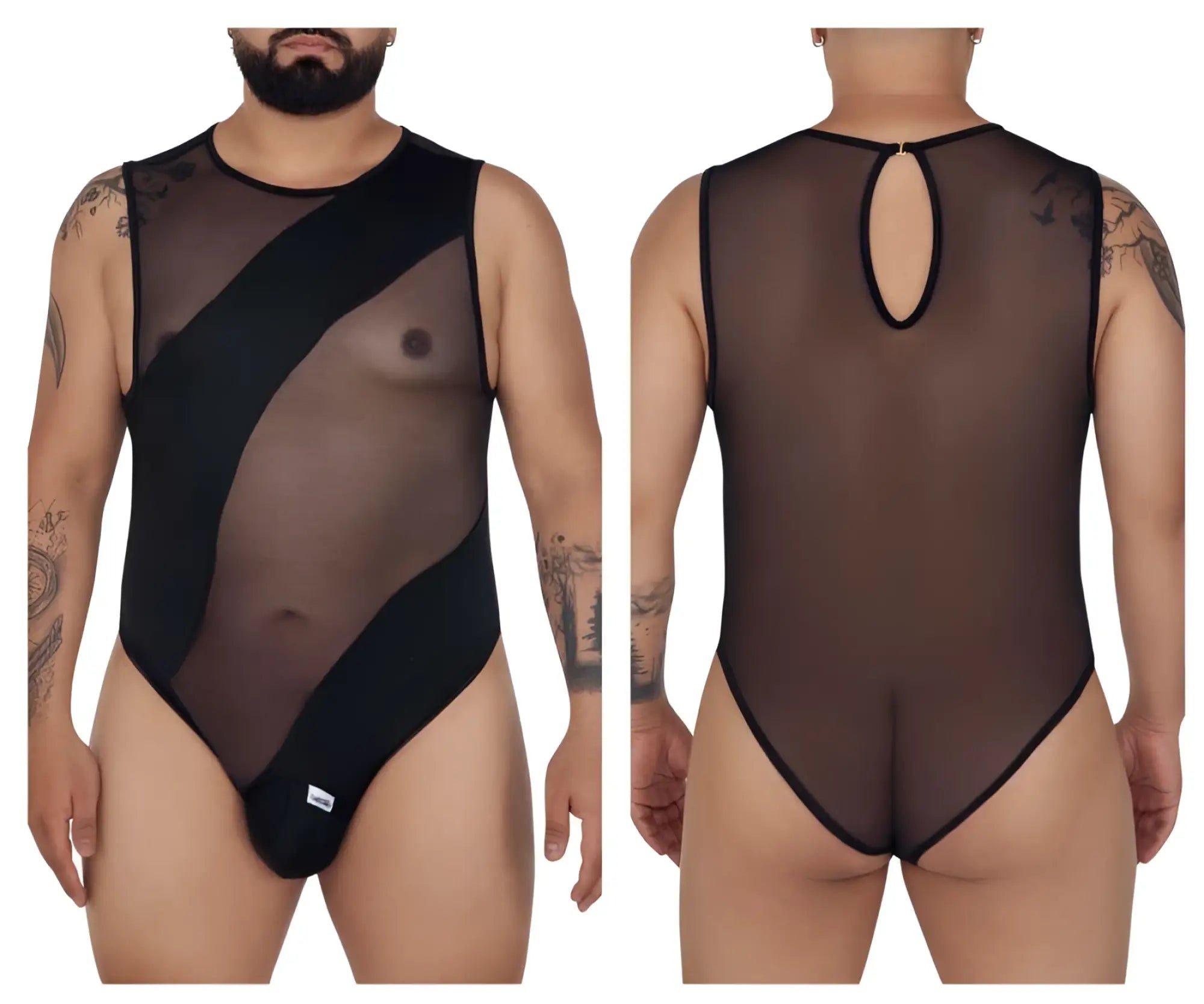 CandyMan 99699X black mesh bodysuit with sheer panels and keyhole back detail shown from the back side