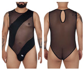 CandyMan 99699X black sheer mesh bodysuit with opaque panels and keyhole back detail shown from the back side