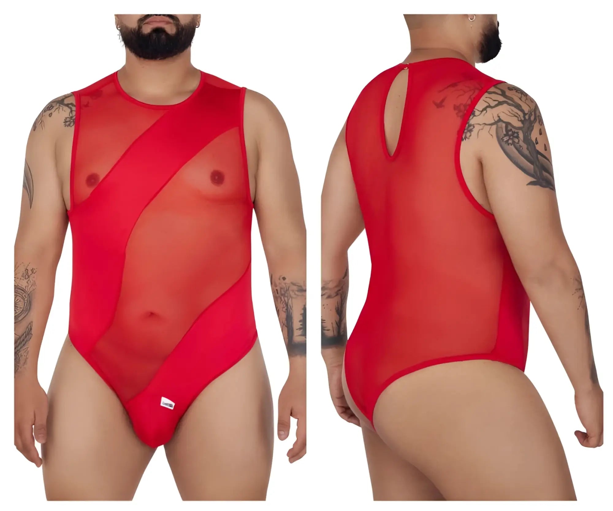 Red sheer mesh one-piece bodysuit with bold geometric cutouts and back keyhole detail candyMan 99699X color red