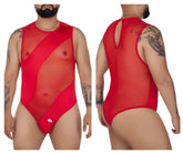 Red sheer mesh one-piece bodysuit with bold geometric cutouts and back keyhole detail candyMan 99699X color red