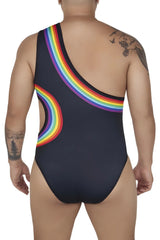 Black CandyMan 99702X one-piece swimsuit with vibrant rainbow arc design on shoulder and side