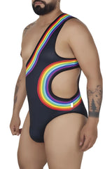 CandyMan 99702X black one-piece swimsuit with vibrant rainbow arc design on torso and hip area