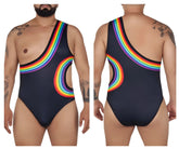 Black one-piece swimsuit candyman 99702x with vibrant rainbow arc and cutout details shown from the back side
