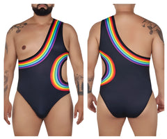 Black one-piece swimsuit candyman 99702x with vibrant rainbow arc and cutout details shown from the back side