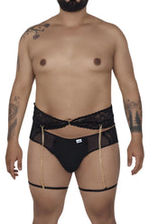 Black candyMan 99703X garter briefs with lace trim gold chain detailing and mesh panels in a two piece set