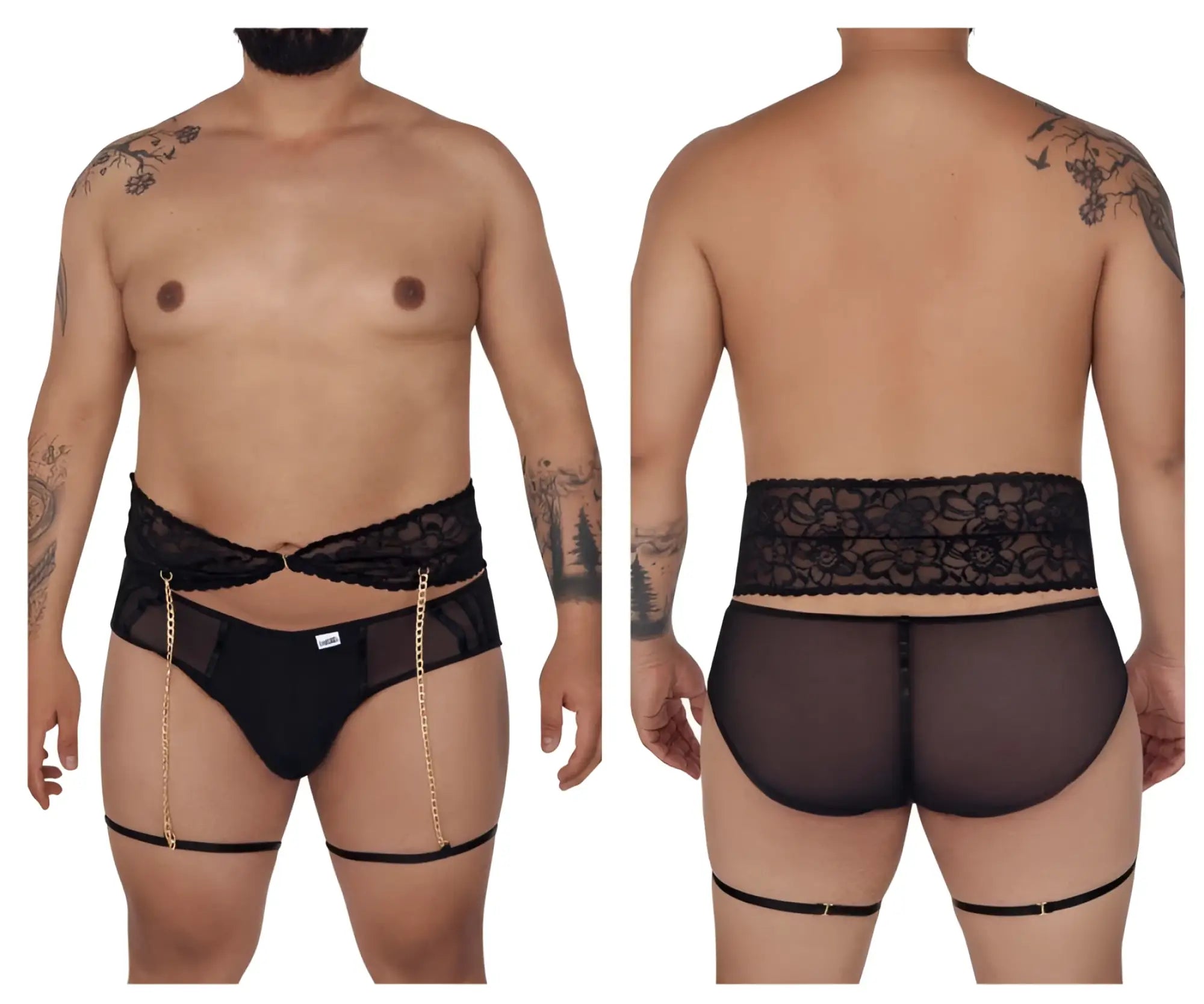 Black candyMan 99703X garter briefs sheer lace-trimmed briefs with gold chain and adjustable leg straps