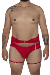 Red lace-trimmed satin briefs with gold chain suspenders from candyman 99703x garter briefs two piece set