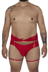 Red lace-trimmed satin briefs with gold chain suspenders from candyman 99703x garter briefs two piece set