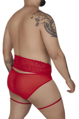 Red lace-trimmed sheer briefs with matching red garter straps from candyman 99703x two piece set