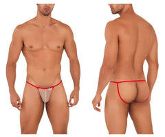 CandyMan 99709 micro lace thong in beige and red featuring sheer fabric with subtle pattern and a small brand tag