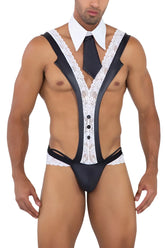 Black lace-trimmed candy man 99715 work-n-play men’s formal bodysuit with satin straps and white collar