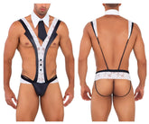 Black and white lace-trimmed men’s lingerie bodysuit with suspenders candyMan 99715 work-n-play costume outfit black