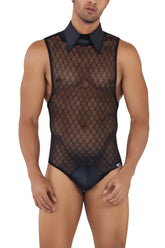 Black sheer mesh CandyMan 99720 Work-N-Play bodysuit with solid black collar and matching waistband