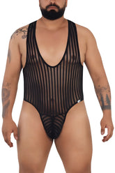 Black CandyMan 99727X Work-N-Play bodysuit featuring sheer mesh material with vertical stripes and a deep scoop neckline