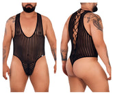Black sheer striped candyMan 99727X work-n-play bodysuit with lace-up back and mesh fabric shown from the back