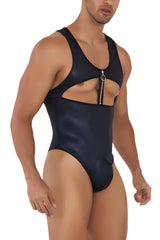 Black glossy latex CandyMan 99728 work-n-play bodysuit with front zipper and cut-out design