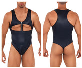 Black glossy one-piece swimsuit with front zipper and cutout design candyMan 99728 work-n-play bodysuit