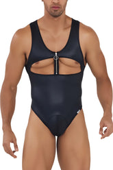 Black glossy candyMan 99728 Work-N-Play bodysuit one-piece swimsuit with front zipper and cut-out design