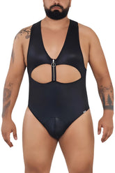 Black candyman 99728x work-n-play bodysuit one-piece swimsuit with plunging neckline cutout and silver zipper center