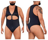 Black Candyman 99728X work-n-play bodysuit with front zipper cutout design in a one-piece swimsuit style