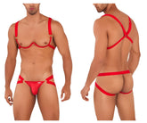 Red candyman 99731 harness-bra two piece set with adjustable straps and gold-tone hardware in red lingerie material