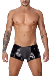 Black patent leather candyMan 99737 mesh trunks with glossy finish and subtle white abstract pattern