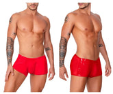 Red glossy latex swim trunks candyman 99737 mesh trunks with snug fit and high cut leg design in red