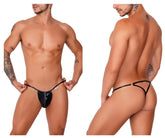 Black shiny latex thong with thin waistband and back straps shown from the back in candyman 99738 gloss g-string black